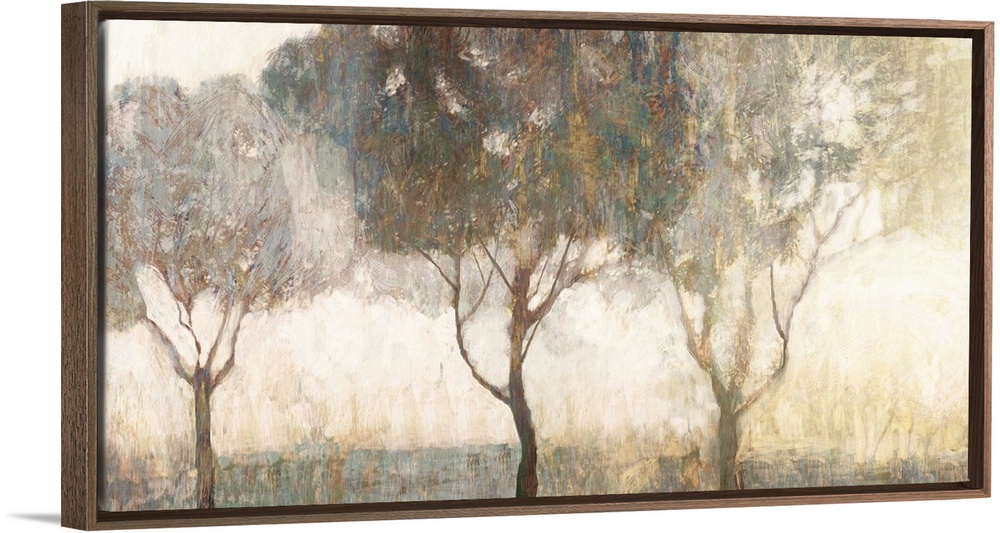 Contemporary artwork of trees on a misty morning.