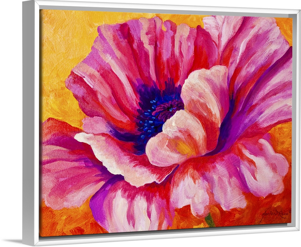 Contemporary floral painting of a giant blooming pink poppy flower on a bright, textured background.