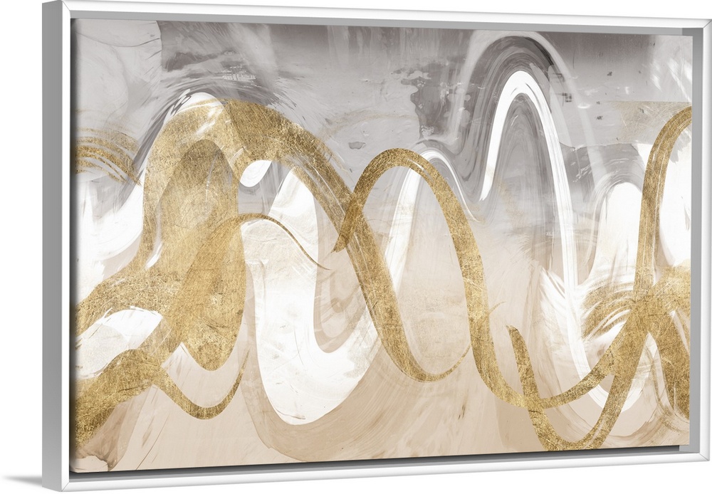 Abstract contemporary painting of interweaving gold and white wavy lines.