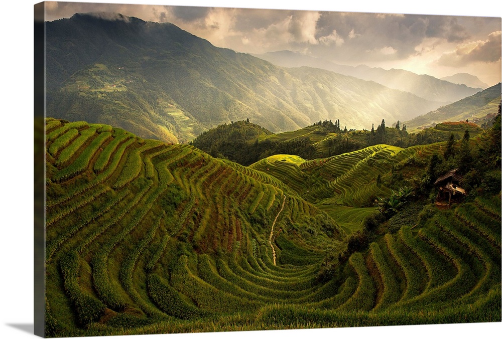 A scenic of china's countryside from the top of a rice terrace.