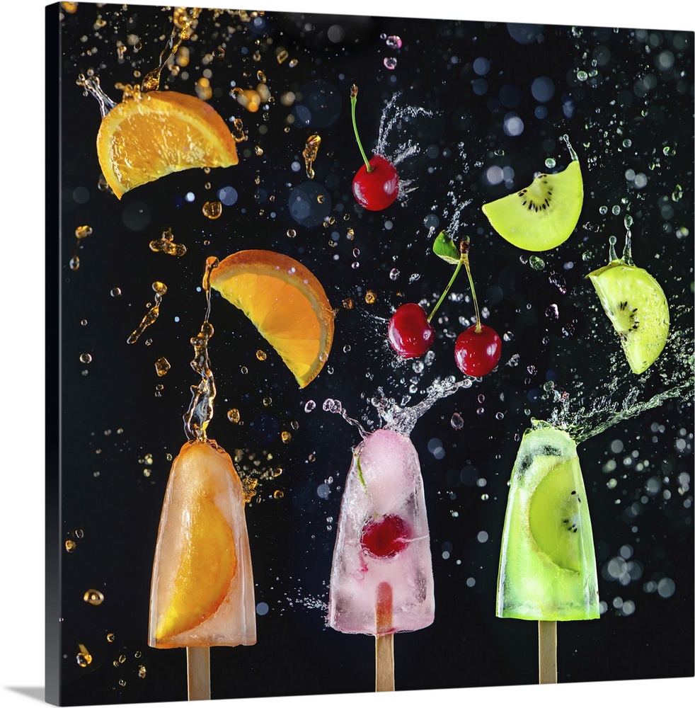 Popsicles with fresh cherries, orange slices and kiwi fruit on a dark background, dynamic shot with action, splash, water ...