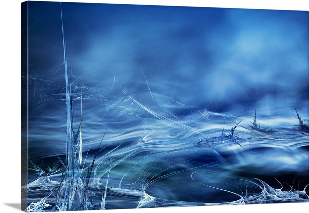 Abstract digital art with blue, black, and white hues resembling moving water.