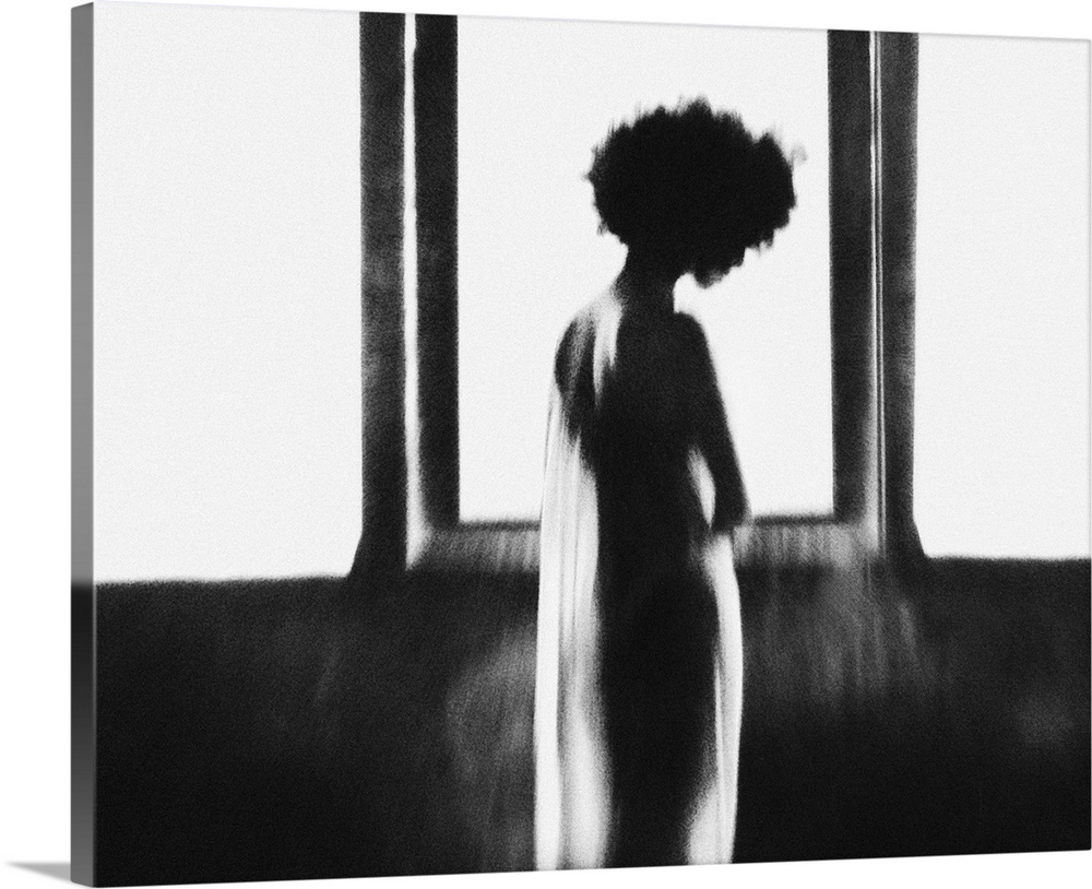 A silhouetted female figure in sheer cloth stands in front of a large glowing window.