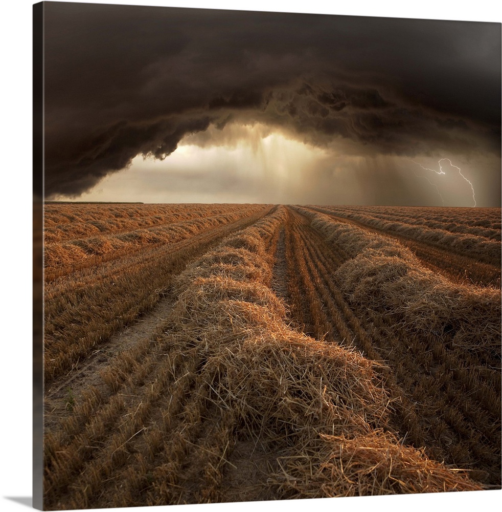 Dark storm clouds with lightning over a tilled field of straw.