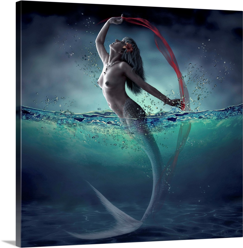 Fantasy image of a mermaid leaping out of the water with a red veil.
