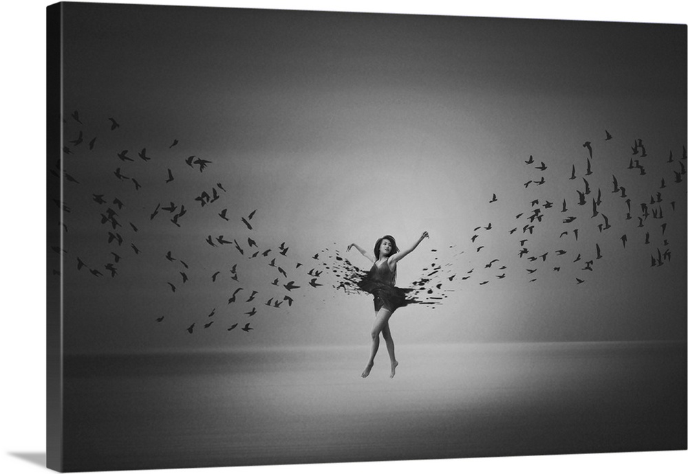 A ballerina leaping as her dress transforms into birds taking flight.