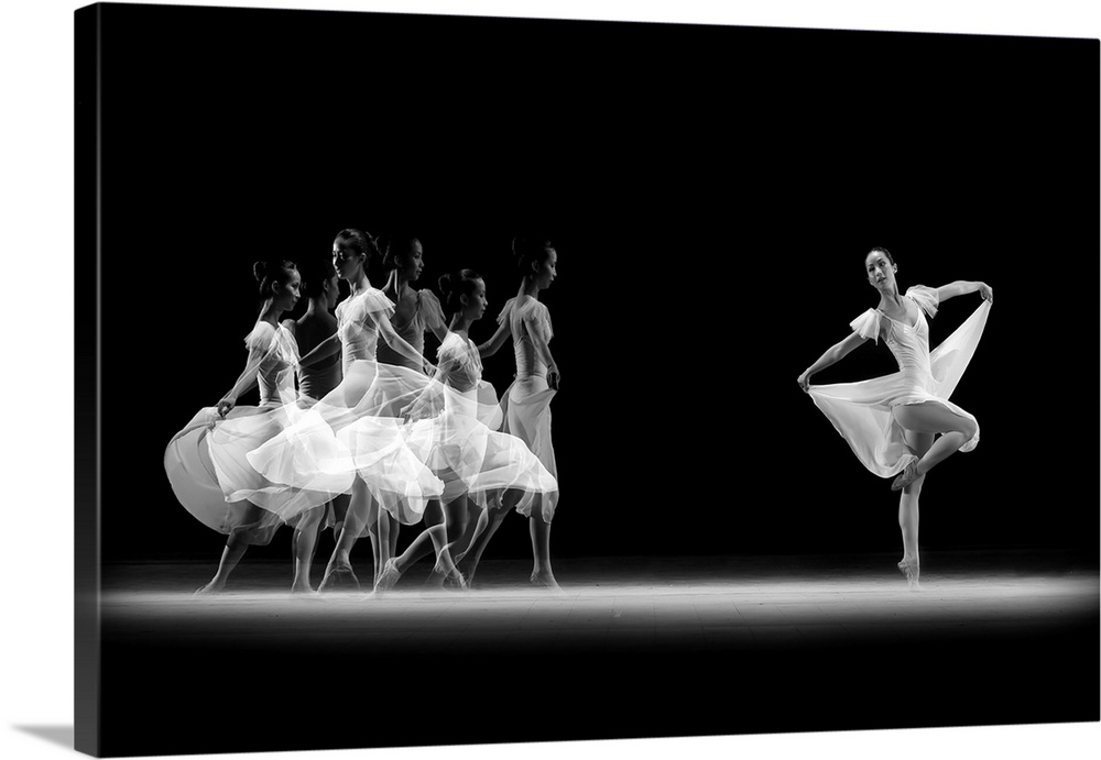 Various poses of a ballerina in a white dress on a stage.