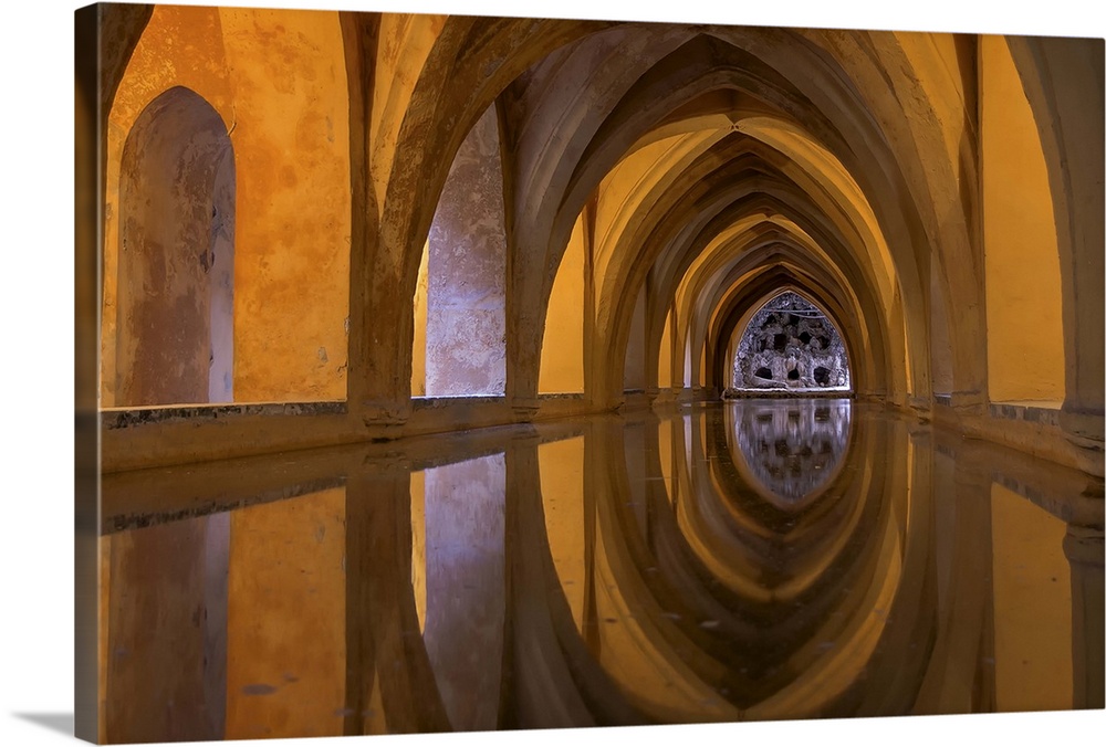 A hallway with an arched ceiling, reflected in the floor, Seville, Spain.