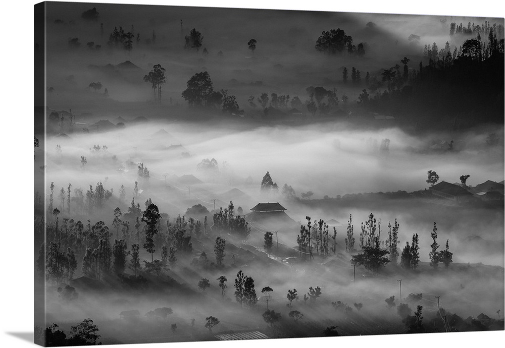 Dense white fog over the valley of Pinggan, Kintamani, Bali, Indonesia.