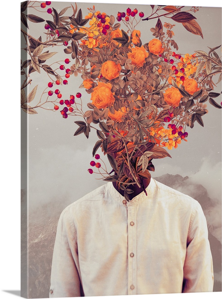A high impact surrealist collage portrait of a person in a white shirt who's head is completely covered with orange roses ...