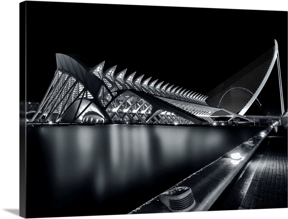 High contrast black and white photo of the complex architecture of the Milwaukee Art Museum at night.