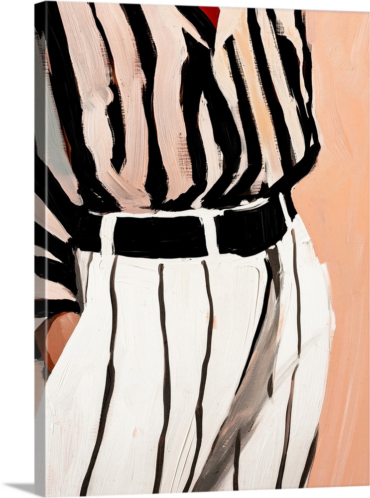A close-up of a painting in the style of Matisse and Hiroshi Nagai, of a woman wearing white striped trousers. Rough paint...