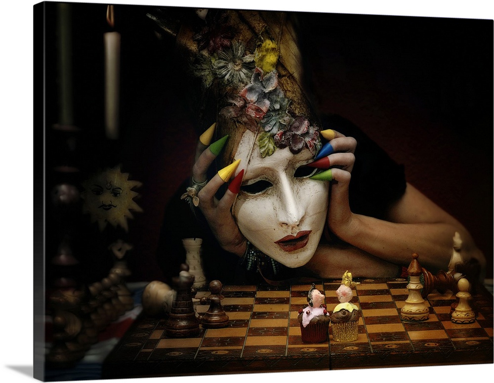 A person wearing a mask staring intently at a chessboard with game pieces.
