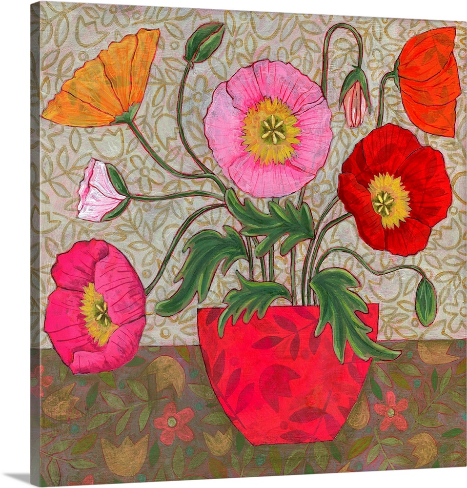 Colorful Poppies In A Red Vase