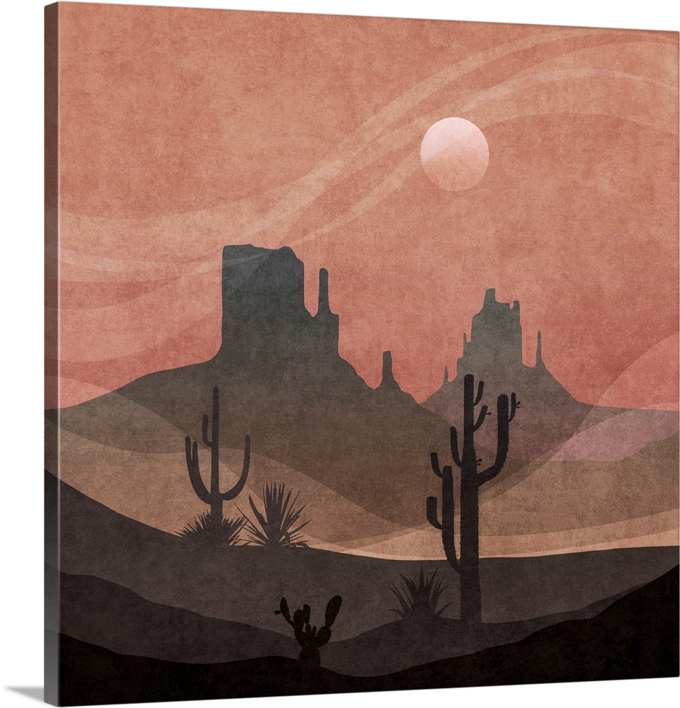 A stylized graphic desert scene in layers of greys and dark rose pink - a contemporary illustration in warm shades.