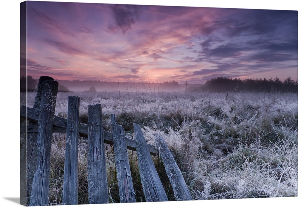 A broken fence at the edge of a field with a pastel dawn sky in Poland.