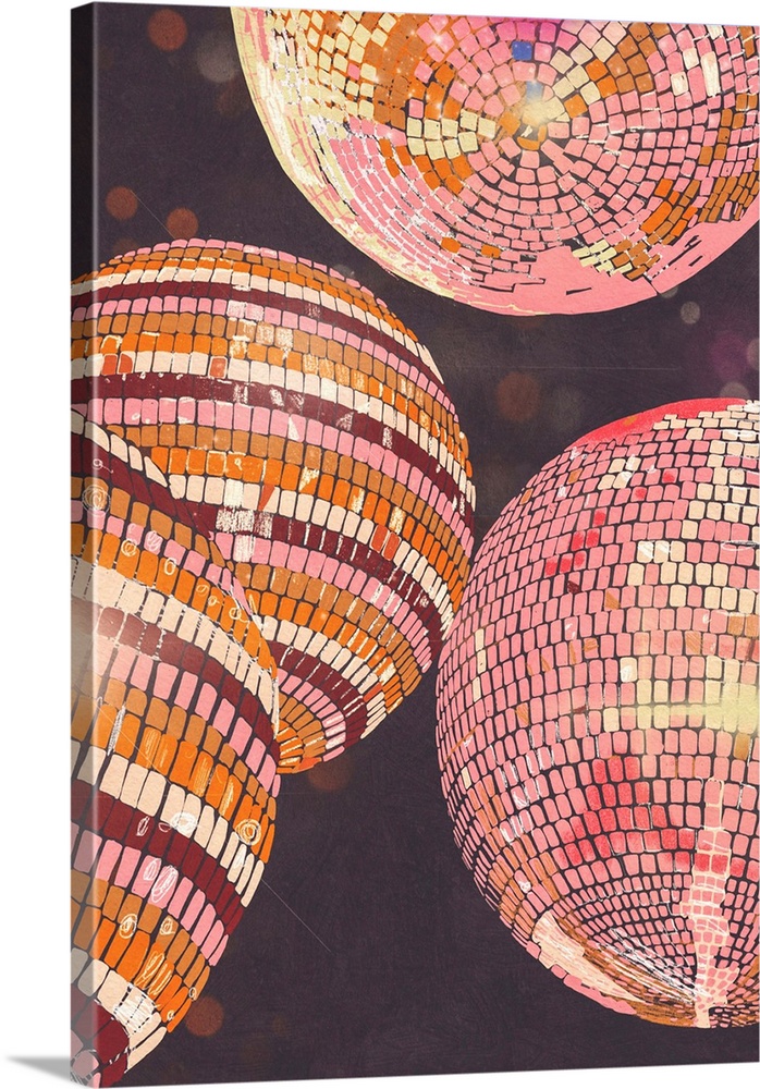 A retro style illustration of four disco balls reflecting light. In contemporary colors of plum, pink and orange this is a...