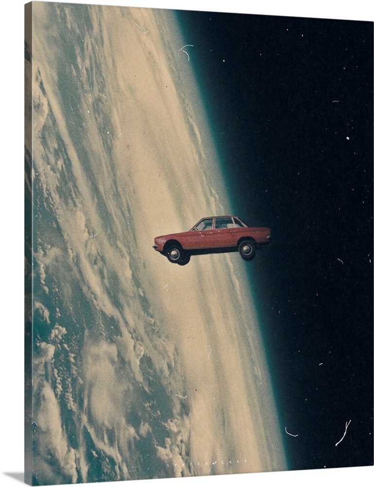 A surrealist collage illustration of a vintage car flying in space, in the style of retro futurism