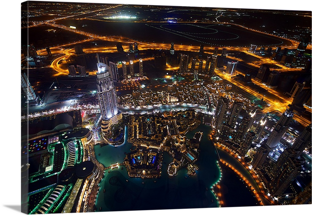 Glowing cityscape view of Dubai at night.