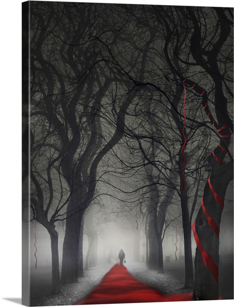 A figure walking to the end of a red path in a forest, which twists up into the curvy trees.