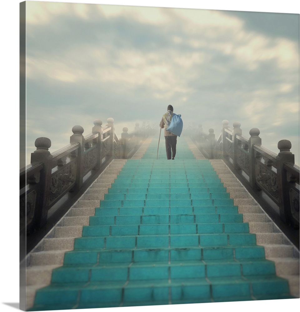 Conceptual image of a man with a bag walking up a set of turquoise stairs into the clouds.