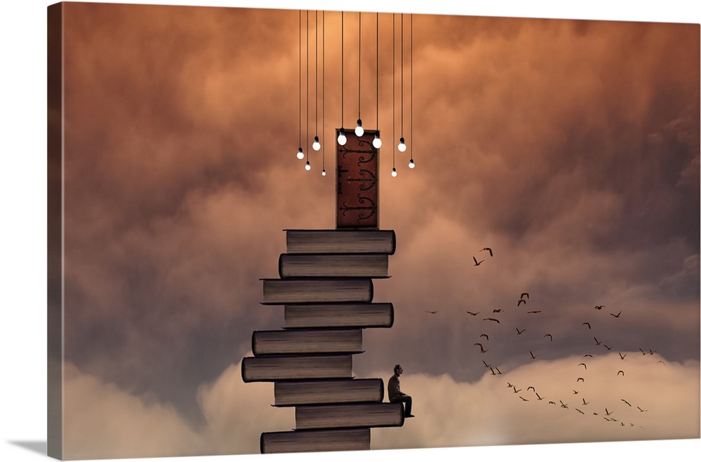 A conceptual photograph of a stack of books with a door at the top reaching the sky filled with orange clouds, with a man ...