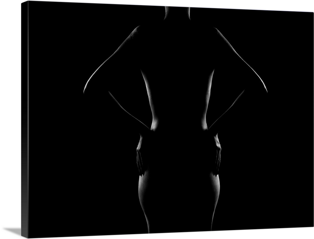 Low key black and white fine art photograph of a silhouette of the backside of a woman and highlights outlining her body.