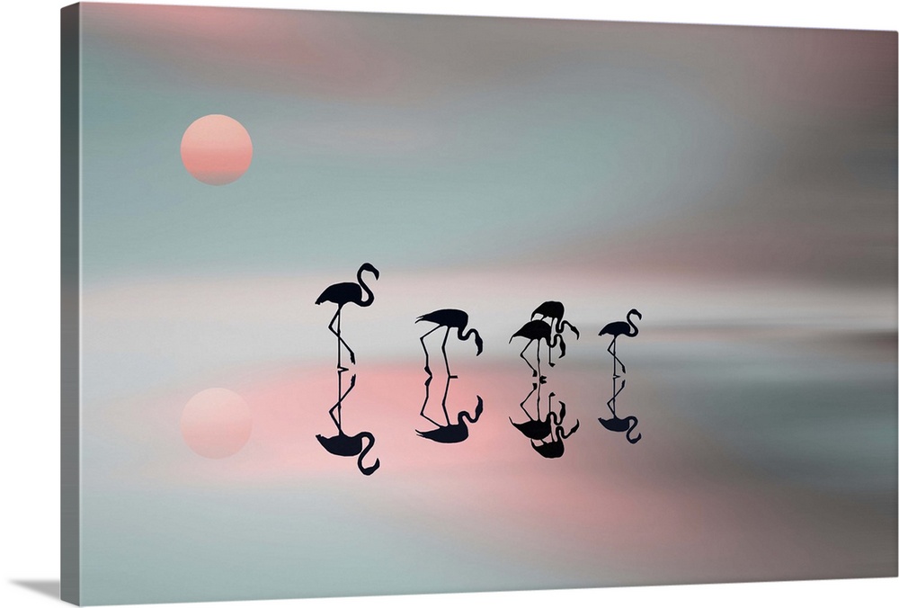 Five flamingos silhouetted against a pastel sky and water.