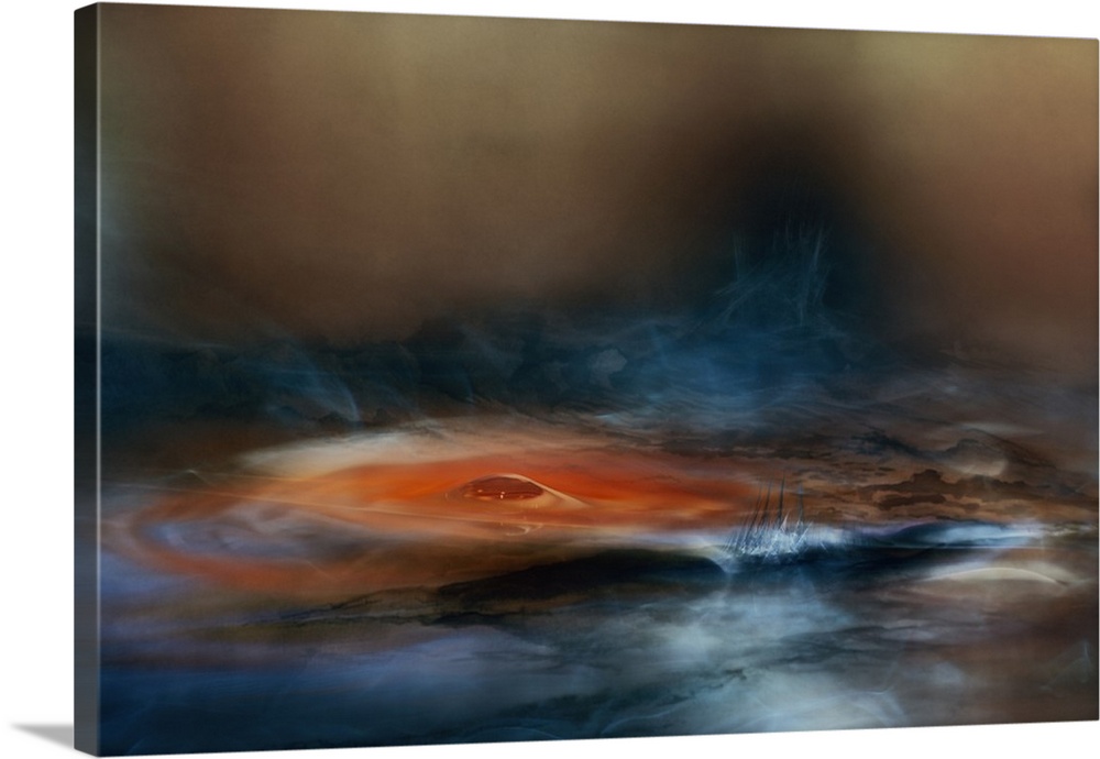 Abstract digital art resembling a lake with blue, orange, and brown hues.