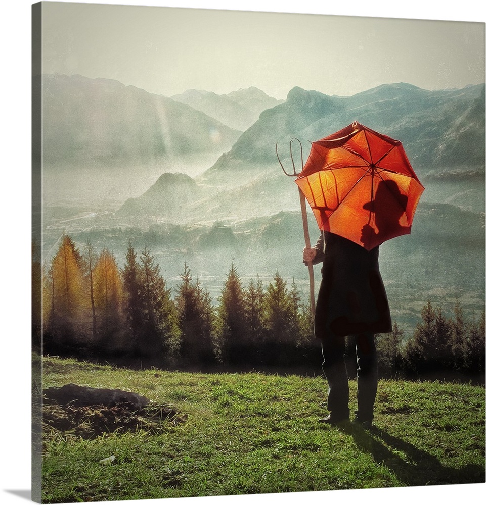 A farmer with a pitchfork and an orange umbrella looking over the Swiss Alpine landscape.