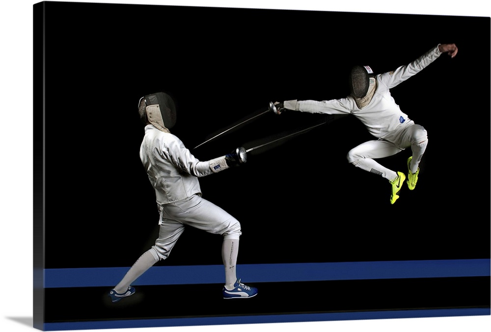 Two people fencing, one leaping into the air to strike.
