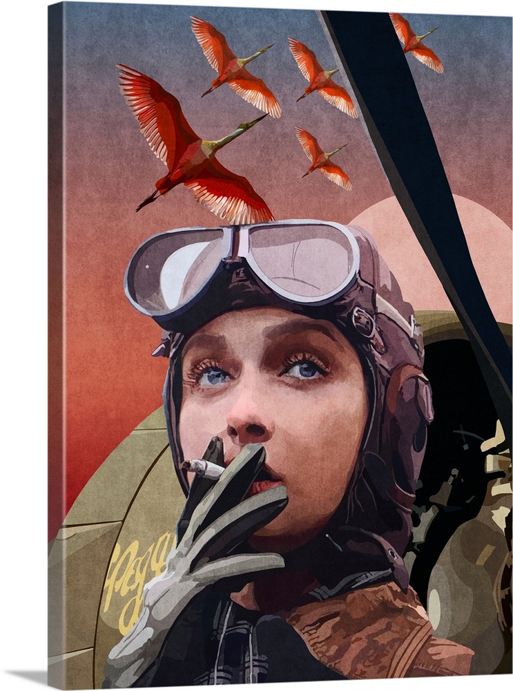 A retro style illustration of a female aviator smoking a cigarette in front of a vintage aircraft with a flock of flamingo...