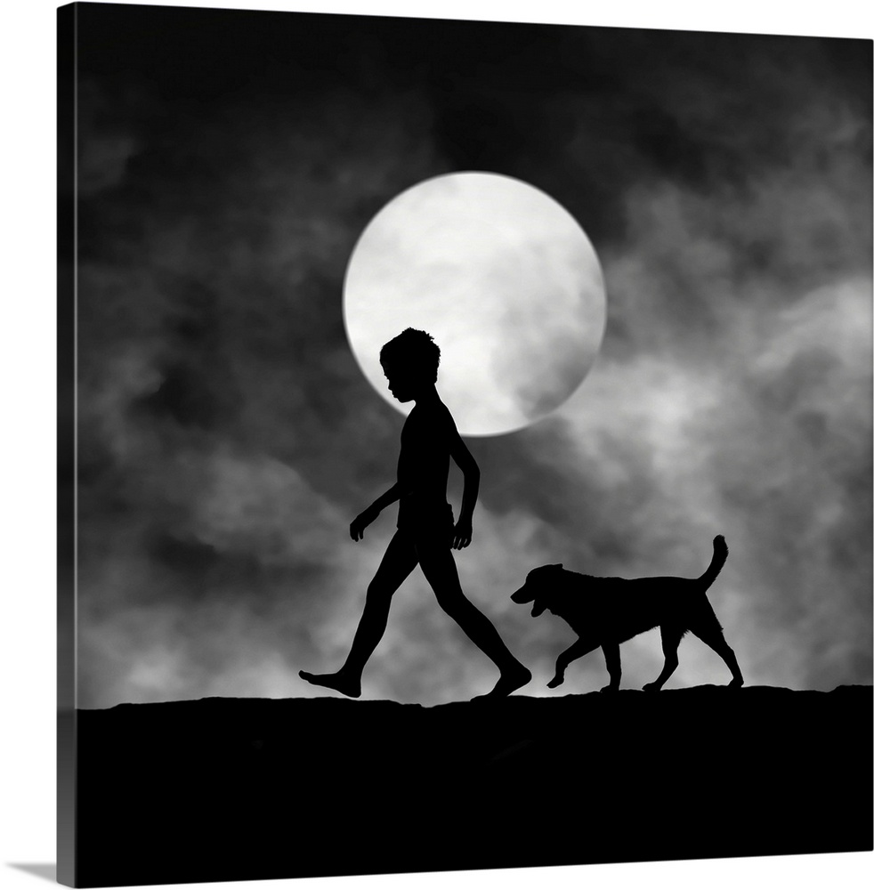 Silhouette of a boy and a dog walking on a foggy night, with the moon behind.