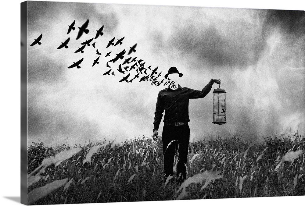 Conceptual photograph of a man standing in a field holding a bird cage with his face dematerializing into birds in flight.
