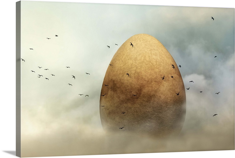 A conceptual photograph of a golden egg being surrounded by flying birds.