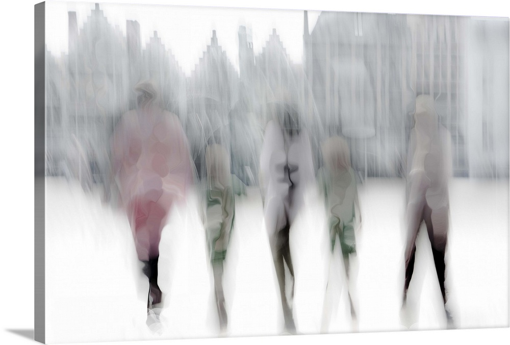 Abstract image of five figures walking in a city street, with blurred motion and altered colors.