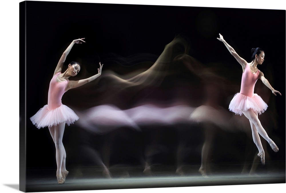 Time-lapse image of a ballerina in a pink dress dancing across a stage.