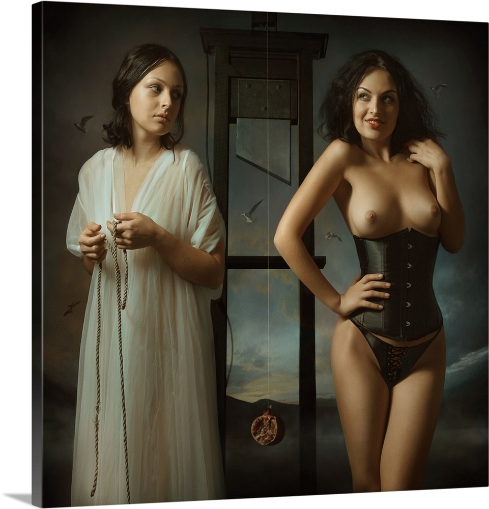 Two versions of a woman, one demure, the other provocative, in front of a guillotine.