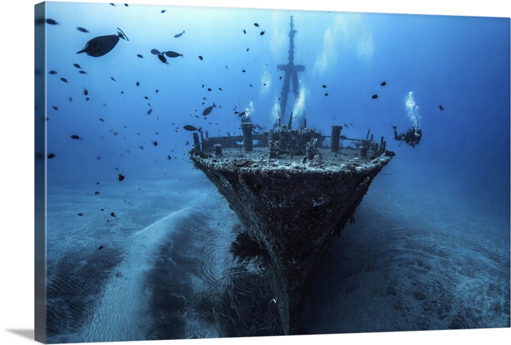 A diver exploring the a shipwreck at the bottom of the ocean.