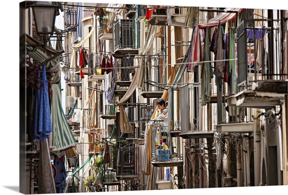 Several clothes drying on laundry lines, Sicily, Italy.