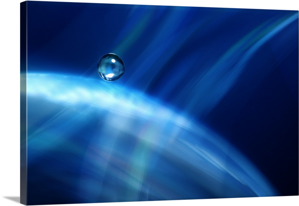 Blue abstract digital art waterscape with a rain droplet.