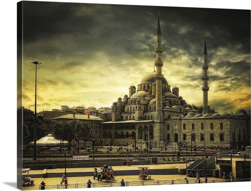 Fine art photo of the Sultan Ahmed Mosque in Istanbul, Turkey, with dark clouds overhead.