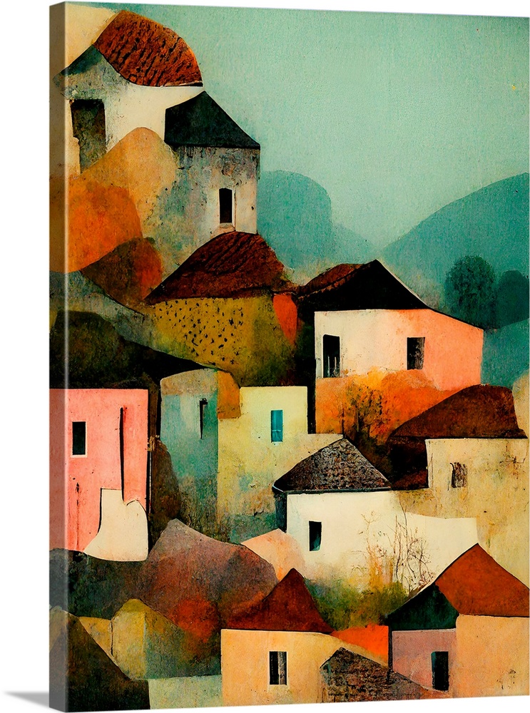 A modern painting of a group of small houses clustered on a hillside, in warm tones of peach and teal