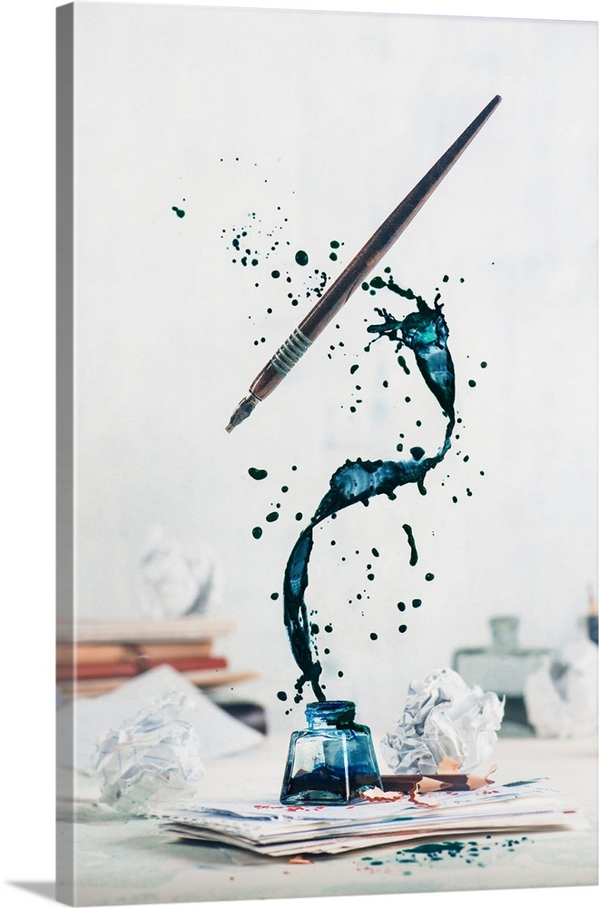 Spilled ink flying above inkwell in a spiraling splash with tiny drops and flying pen on a light background. Still life wi...