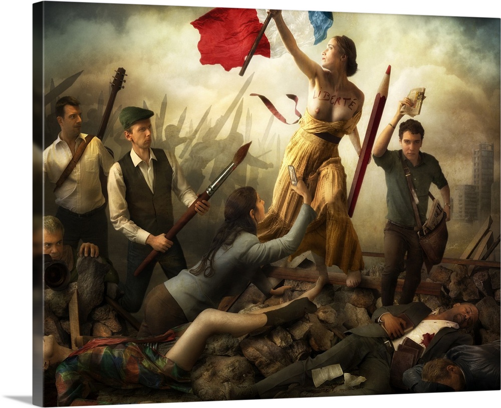 Recreation of the Delacroix painting, "Liberty Leading the People," with people wielding giant art supplies.