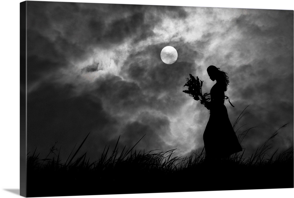 Silhouette of a woman holding a bouquet of flowers in a field, in the moonlight.
