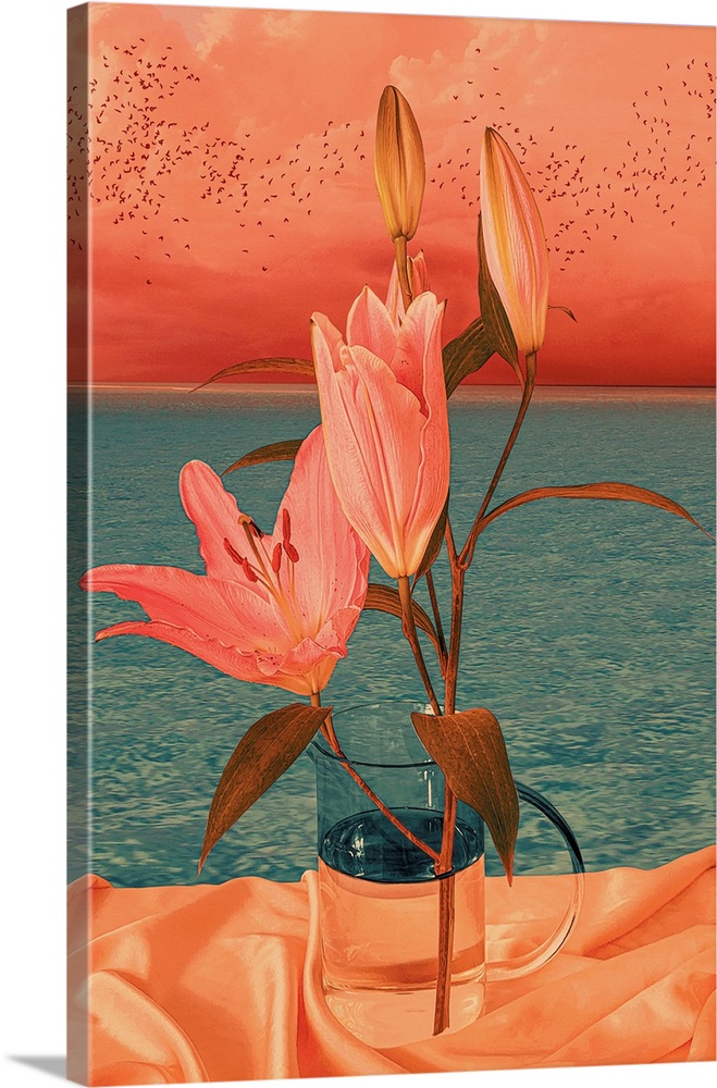 A surreallist illustration of a stem of stargazer lilies in a glass jug, in front of a body of water with a flock of birds...