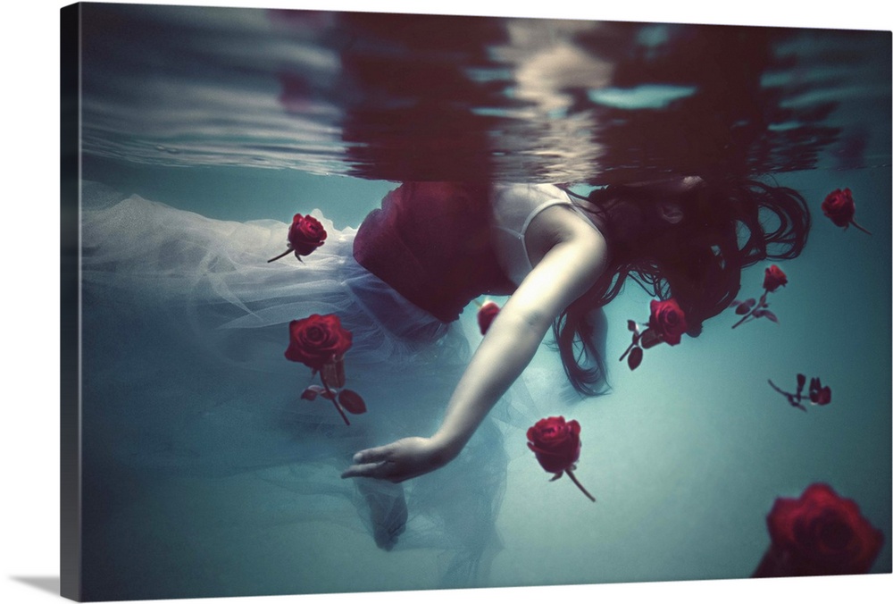 A conceptual photograph of a woman in a white dress floating underwater with red roses.
