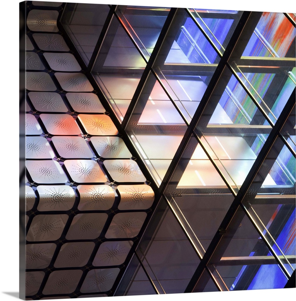 Metal beams with colored glass of the Netherlands Institute for Sound and Vision (Nederlands Instituut voor Beeld en Gelui...