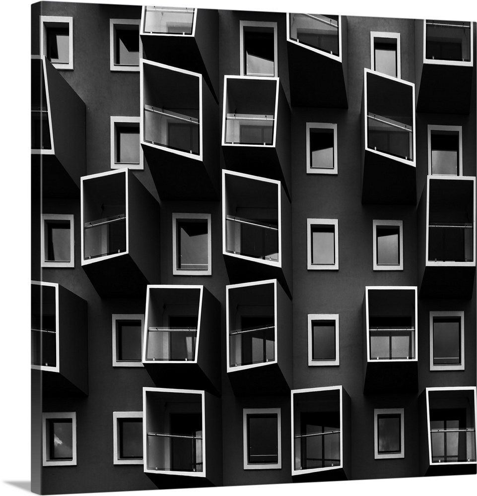 Interesting architecture with angular balconies and windows, Copenhagen, Denmark.
